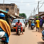 A vibrant, bustling street scene in Cotonou, Benin. Zemidjans (motorcycle taxis) weave through traffic near Dantokpa Market. Focus on the organized chaos and the skill of the "zem" drivers. Include colorful clothing and market stalls in the background.
