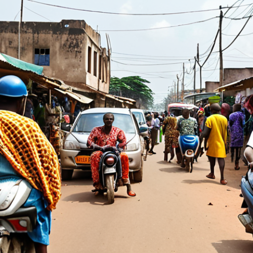 Home 6 A vibrant, bustling street scene in Cotonou, Benin. Zemidjans (motorcycle taxis) weave through traffic near Dantokpa Market. Focus on the organized chaos and the skill of the "zem" drivers. Include colorful clothing and market stalls in the background.