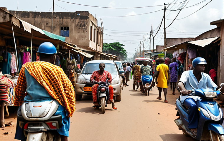 A vibrant, bustling street scene in Cotonou, Benin. Zemidjans (motorcycle taxis) weave through traffic near Dantokpa Market. Focus on the organized chaos and the skill of the "zem" drivers. Include colorful clothing and market stalls in the background.