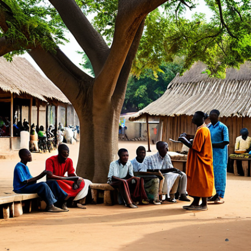 A diverse group of Beninese people, including students, market vendors, and families, fully clothed in modest, everyday Beninese attire. They are engaged with smartphones, viewing news portals. The scene blends three distinct environments: a bustling market in Cotonou, a serene village courtyard with adobe houses, and a peaceful spot under a large tree in the savanna. Professional photography, high resolution, vibrant colors, natural lighting, candid moment, safe for work, appropriate content, professional dress, perfect anatomy, correct proportions, natural pose, well-formed hands, proper finger count, natural body proportions.