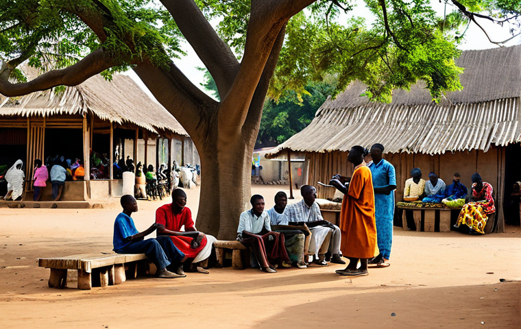 A diverse group of Beninese people, including students, market vendors, and families, fully clothed in modest, everyday Beninese attire. They are engaged with smartphones, viewing news portals. The scene blends three distinct environments: a bustling market in Cotonou, a serene village courtyard with adobe houses, and a peaceful spot under a large tree in the savanna. Professional photography, high resolution, vibrant colors, natural lighting, candid moment, safe for work, appropriate content, professional dress, perfect anatomy, correct proportions, natural pose, well-formed hands, proper finger count, natural body proportions.