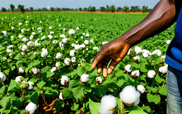 **
A professional agronomist, fully clothed in work attire, inspecting a cotton field in Benin under a bright, sunny sky. Rolling green fields extend into the distance. Safe for work, appropriate content, modest, family-friendly, perfect anatomy, natural pose, well-formed hands, proper finger count, natural body proportions.
**
