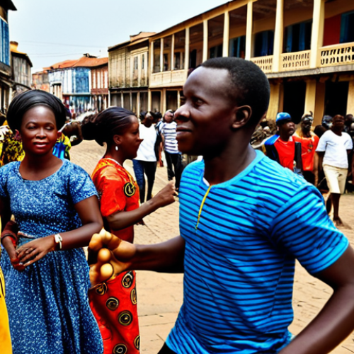 Street Scene at Porto-Novo Music Festival**

"A vibrant street scene in Porto-Novo, Benin during a music festival. Musicians are playing traditional instruments in a bustling marketplace, surrounded by people dancing and celebrating. Colorful fabrics and local crafts are on display. Focus on capturing the energy and cultural richness of the event. fully clothed, safe for work, appropriate content, professional photography, perfect anatomy, correct proportions, natural pose, well-formed hands, proper finger count, natural body proportions, family-friendly"

**