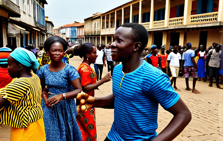 Street Scene at Porto-Novo Music Festival**
"A vibrant street scene in Porto-Novo, Benin during a music festival. Musicians are playing traditional instruments in a bustling marketplace, surrounded by people dancing and celebrating. Colorful fabrics and local crafts are on display. Focus on capturing the energy and cultural richness of the event. fully clothed, safe for work, appropriate content, professional photography, perfect anatomy, correct proportions, natural pose, well-formed hands, proper finger count, natural body proportions, family-friendly"
**