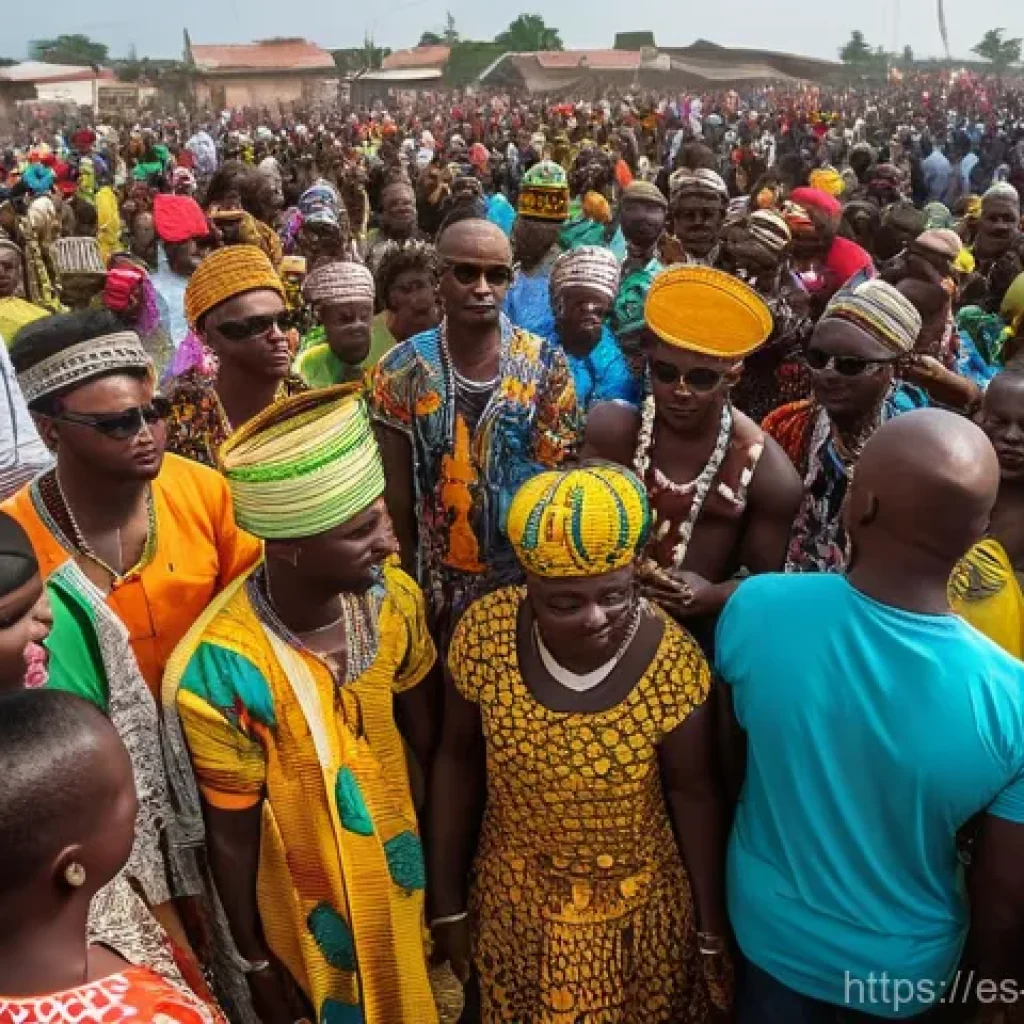 베냉의 주요 기념일과 축제 - **Vibrant Vodun Festival Celebration:** A large, joyful crowd of people in Ouidah, Benin, participat...