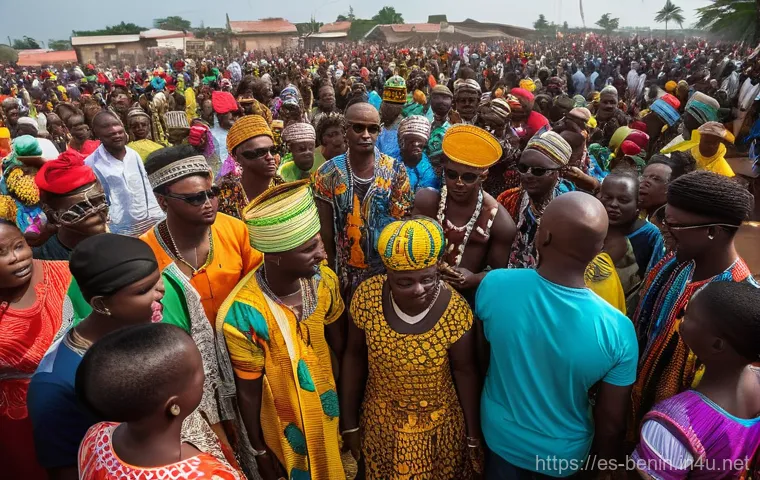 베냉의 주요 기념일과 축제 - **Vibrant Vodun Festival Celebration:** A large, joyful crowd of people in Ouidah, Benin, participat...