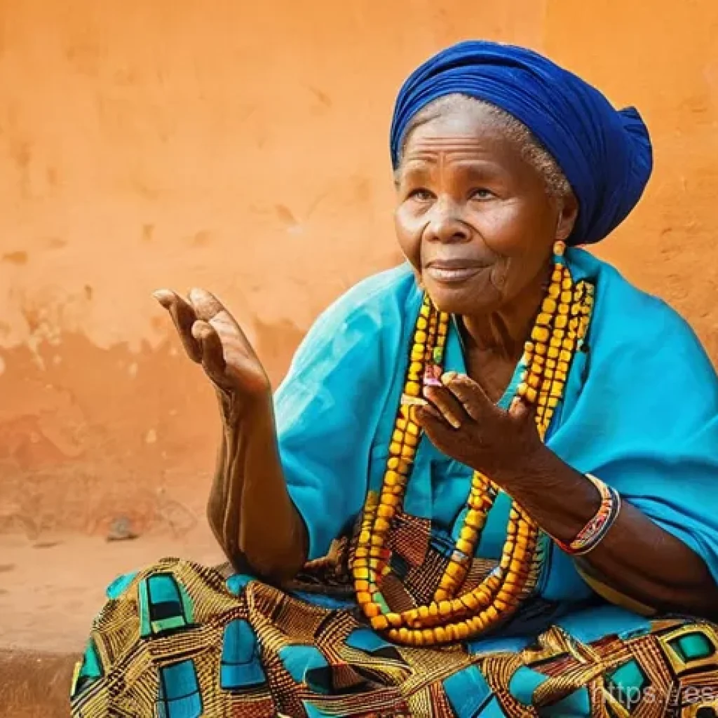 베냉의 문학과 시인 - **Prompt: The Ancestral Voice - A Storyteller's Embrace**
"A wise, elderly Beninese woman with a...