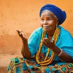베냉의 문학과 시인 - **Prompt: The Ancestral Voice - A Storyteller's Embrace**
"A wise, elderly Beninese woman with a...
