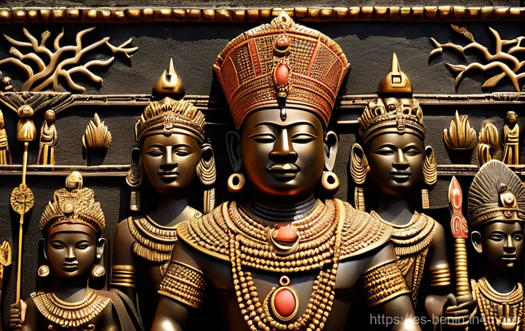 베냉 왕국과 다호메이 제국 - A highly detailed, realistic image of an ancient Benin Bronze plaque, showcasing an Oba (king) in fu...