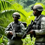 베냉 군사 정책과 국방력 - A detailed scene of Beninese soldiers in modern military uniforms wearing tactical gear and carrying...