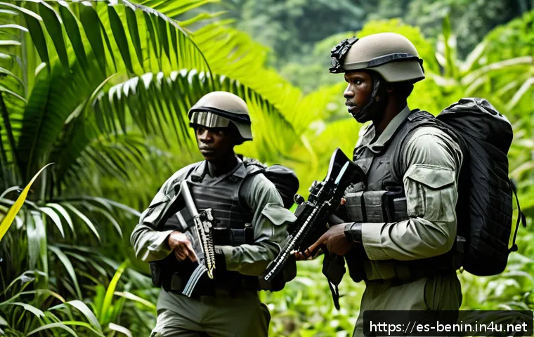 베냉 군사 정책과 국방력 - A detailed scene of Beninese soldiers in modern military uniforms wearing tactical gear and carrying...