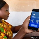 베냉에서 해외 송금 방법 - A modern digital money transfer scene from Benin, showing a young African woman using a smartphone a...
