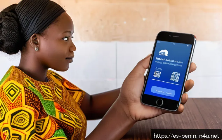 베냉에서 해외 송금 방법 - A modern digital money transfer scene from Benin, showing a young African woman using a smartphone a...