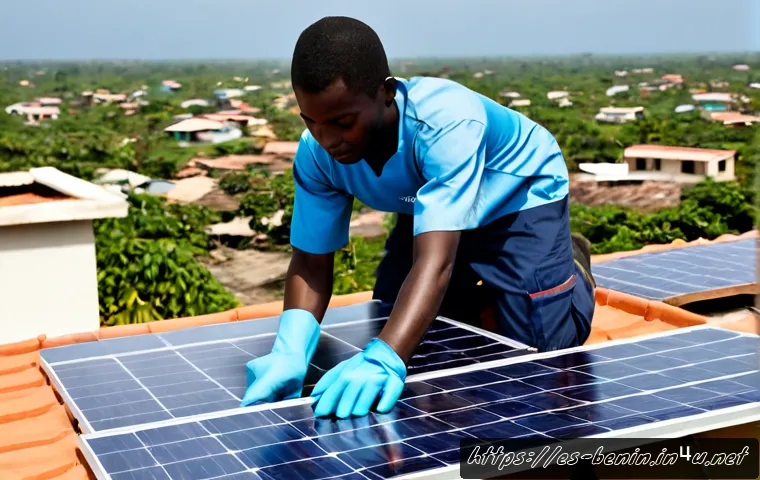 베냉에서 인기 있는 직업 - Photorealistic scene of a young Beninese solar technician in clean work clothes installing a rooftop...